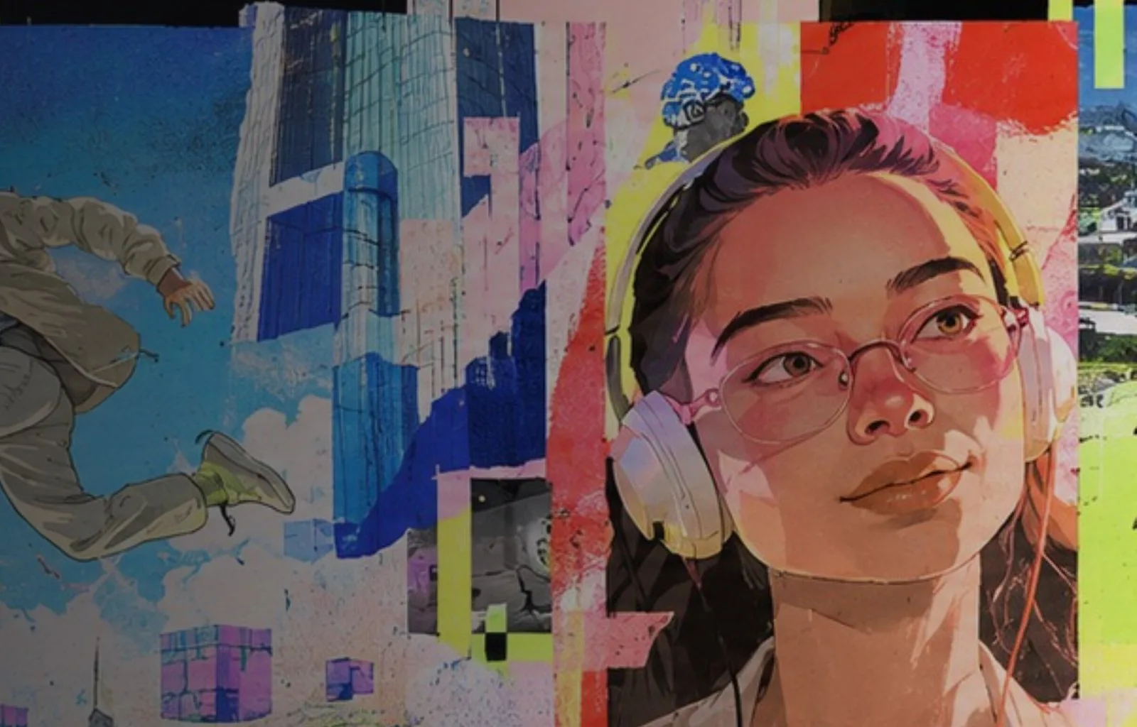 Collage artwork: a figure leaping past city towers beside a portrait of a woman wearing headphones