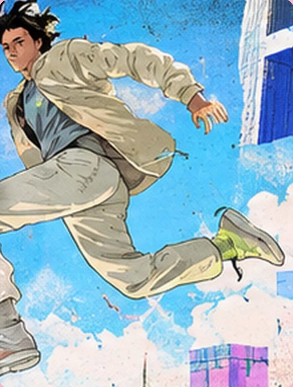 Illustrated figure leaping through a blue sky